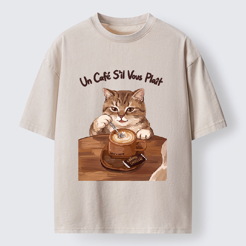 Tokyo-Tiger Cat Stirring Coffee Washed T-Shirt