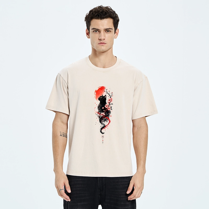 Tokyo‑Tiger Sakura Black Cat Art Washed T‑Shirt