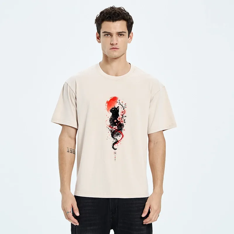 Tokyo‑Tiger Sakura Black Cat Art Washed T‑Shirt