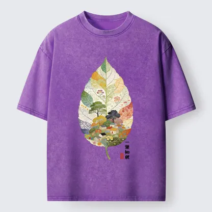 Tokyo-Tiger Autumn Leaf Village Scenery Art Washed T-Shirt