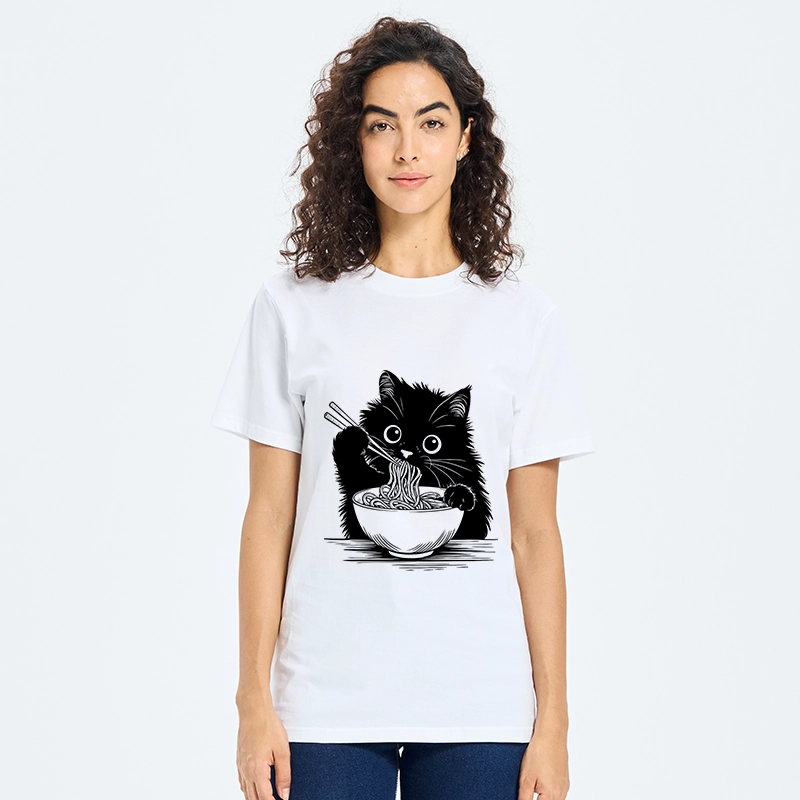 Tokyo-Tiger Black Cat Eating Ramen Funny Line Art Classic T-Shirt