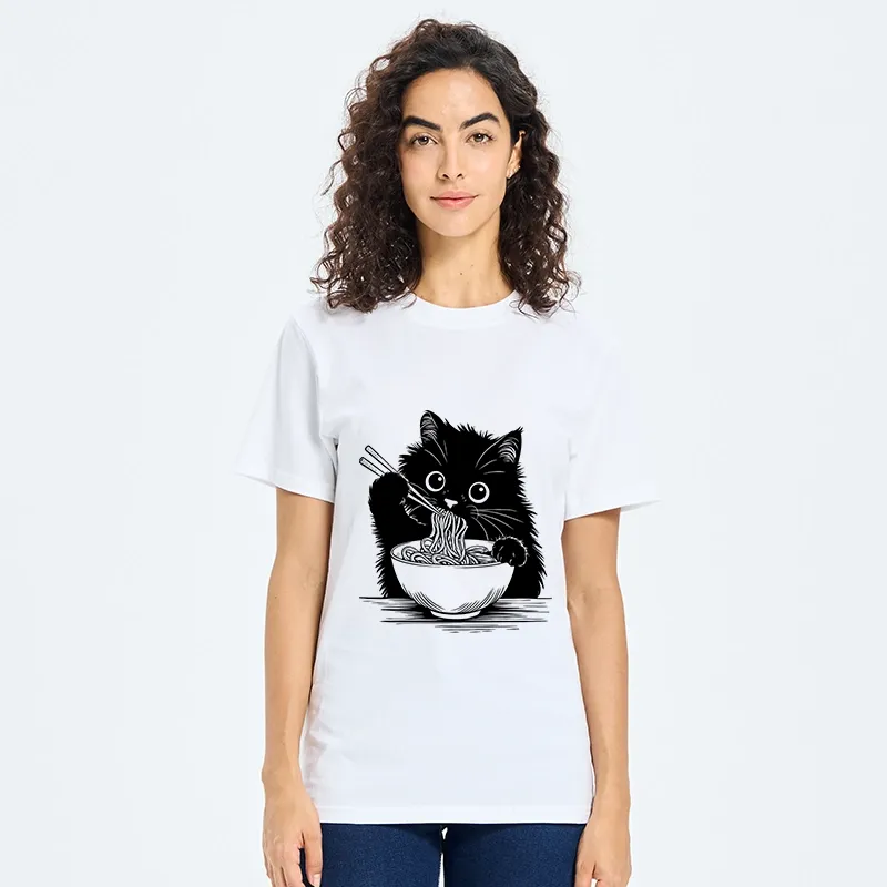 Tokyo-Tiger Black Cat Eating Ramen Funny Line Art Classic T-Shirt