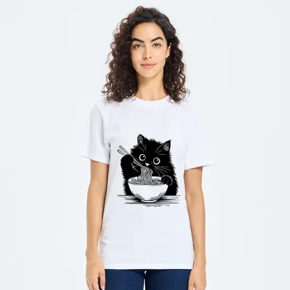 Tokyo-Tiger Black Cat Eating Ramen Funny Line Art Classic T-Shirt