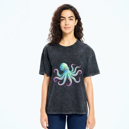 Tokyo‑Tiger Watercolor Octopus Washed T‑Shirt