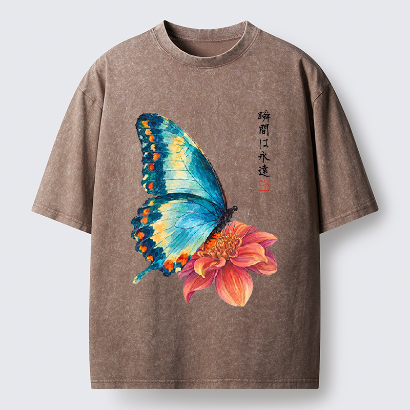 Tokyo-Tiger Flower Butterfly Vibe Washed T-Shirt