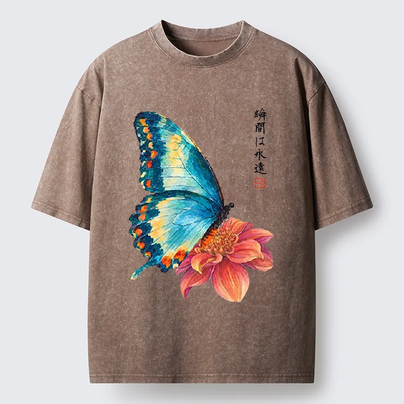 Tokyo-Tiger Flower Butterfly Vibe Washed T-Shirt Sale