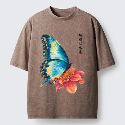 Tokyo-Tiger Flower Butterfly Vibe Washed T-Shirt