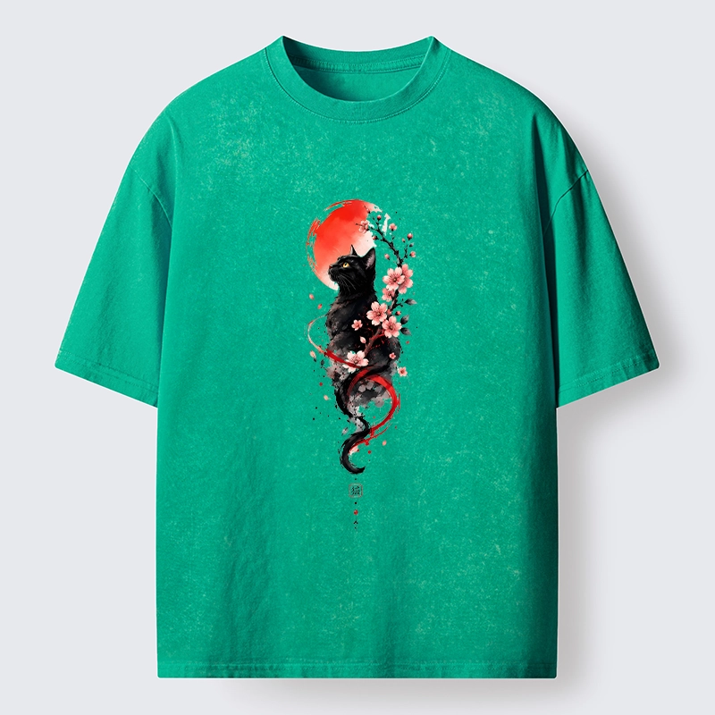 Tokyo‑Tiger Sakura Black Cat Art Washed T‑Shirt