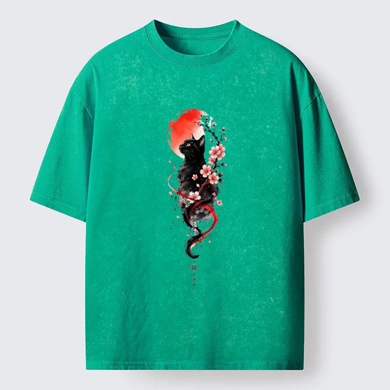 Tokyo‑Tiger Sakura Black Cat Art Washed T‑Shirt