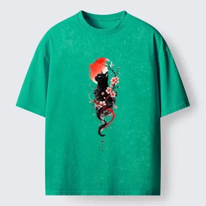 Tokyo‑Tiger Sakura Black Cat Art Washed T‑Shirt