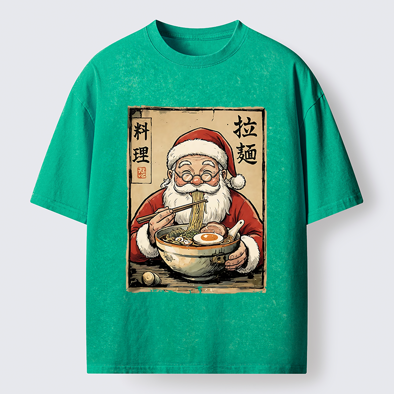 Tokyo-Tiger Santa Eating Ramen Meme Washed T-Shirt
