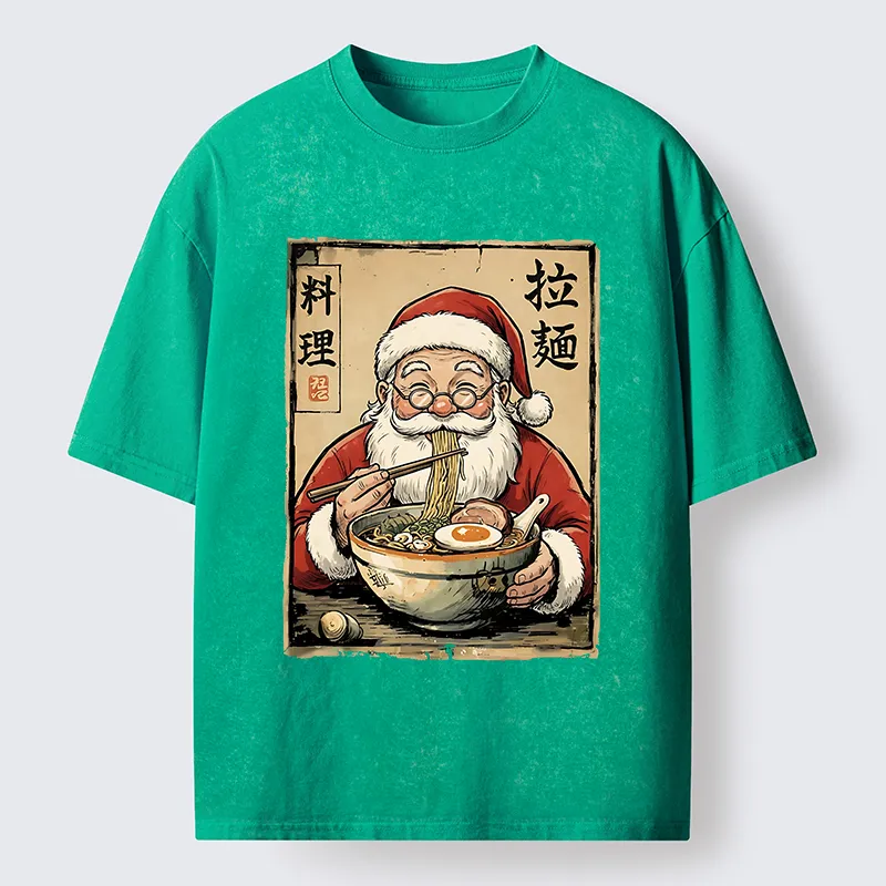 Tokyo-Tiger Santa Eating Ramen Meme Washed T-Shirt