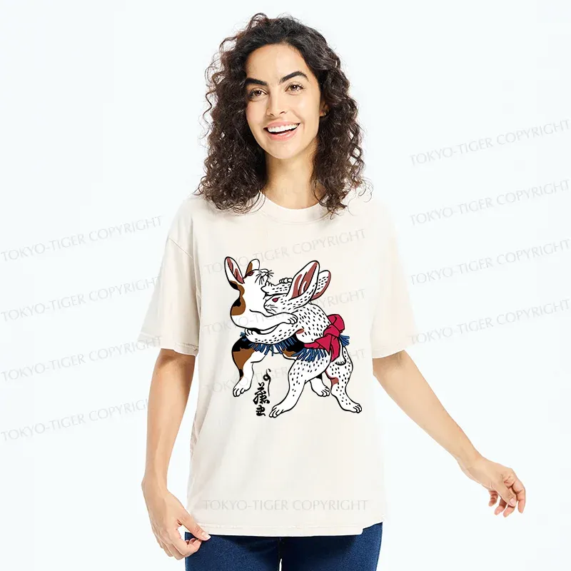 Tokyo-Tiger Rabbits Wrestling Sumo Washed T-Shirt
