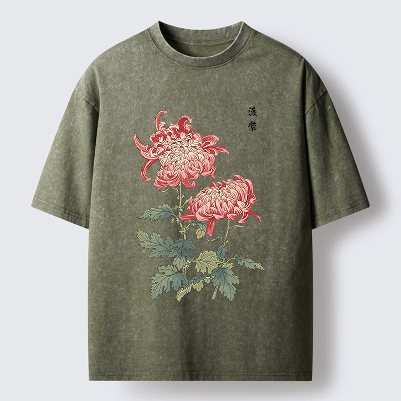 Tokyo-Tiger Vintage Red Chrysanthemum Flower Washed T-Shirt