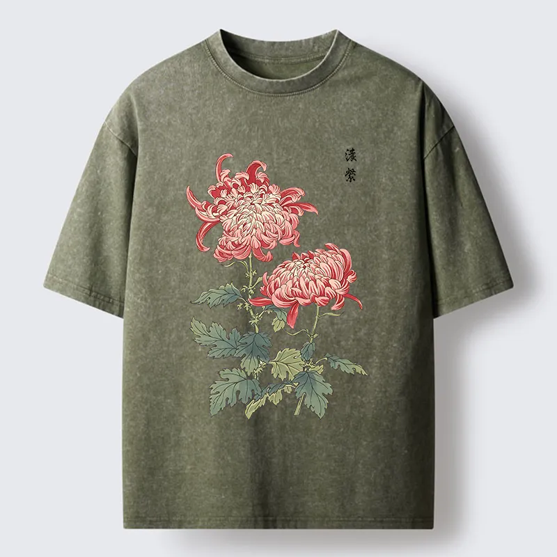 Tokyo-Tiger Vintage Red Chrysanthemum Flower Washed T-Shirt