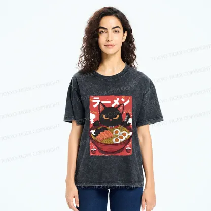 Tokyo-Tiger Black Cat Eating Ramen Washed T-Shirt