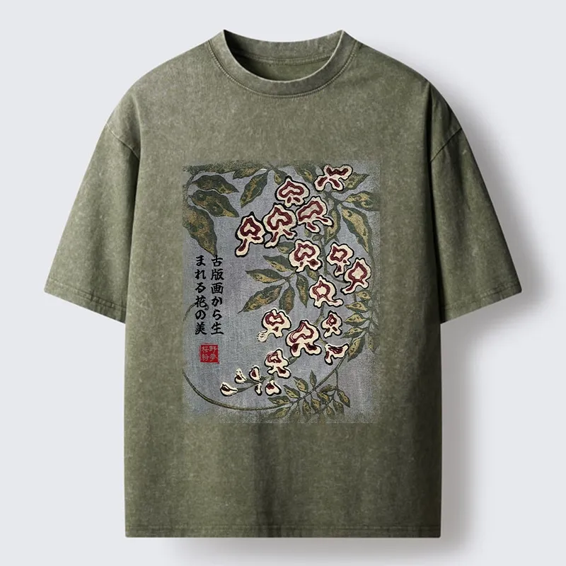 Tokyo‑Tiger Retro Vine Blossom Washed T‑Shirt