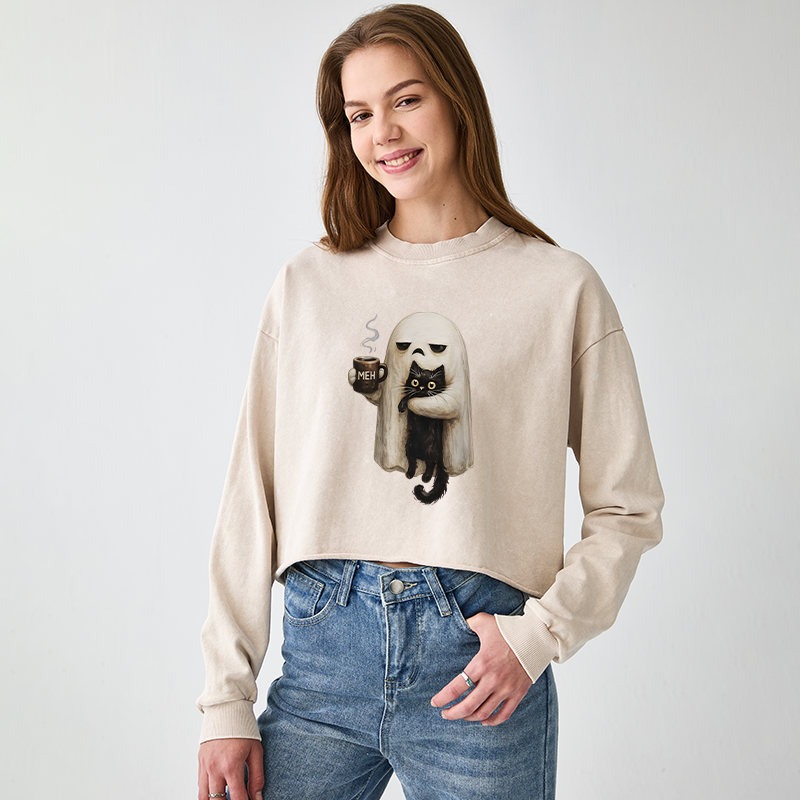 Tokyo-Tiger Ghost Cat Coffee Mood Washed Crop Sweatshirt