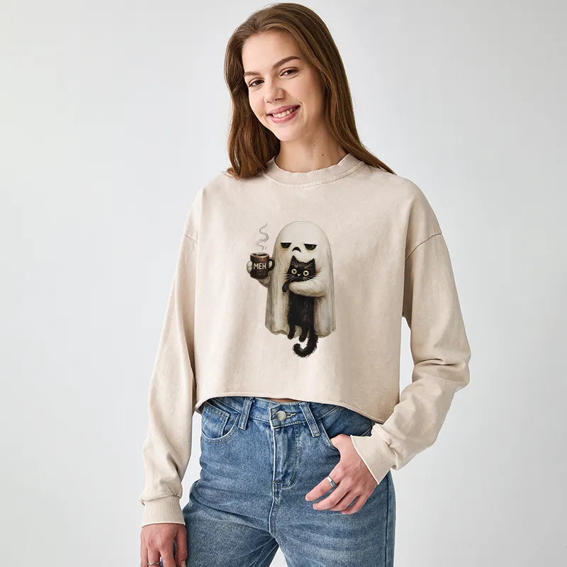 Tokyo-Tiger Ghost Cat Coffee Mood Washed Crop Sweatshirt