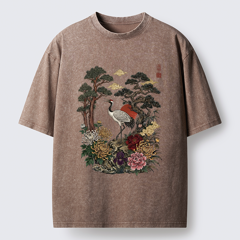 Tokyo-Tiger Vintage Crane Pine Tree Art Washed T-Shirt