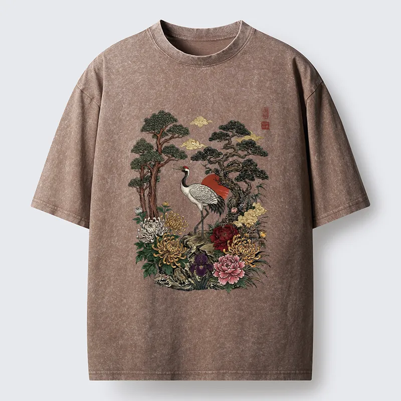 Tokyo-Tiger Vintage Crane Pine Tree Art Washed T-Shirt
