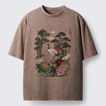 Tokyo-Tiger Vintage Crane Pine Tree Art Washed T-Shirt