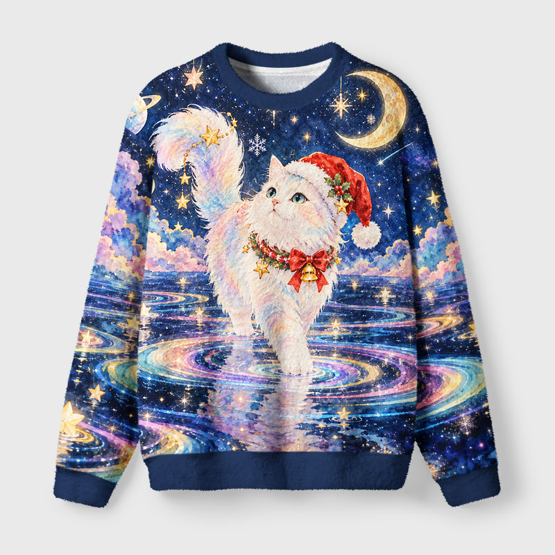 Tokyo-Tiger Starry Moon Cat Fuzzy Christmas Ugly Sweatshirt