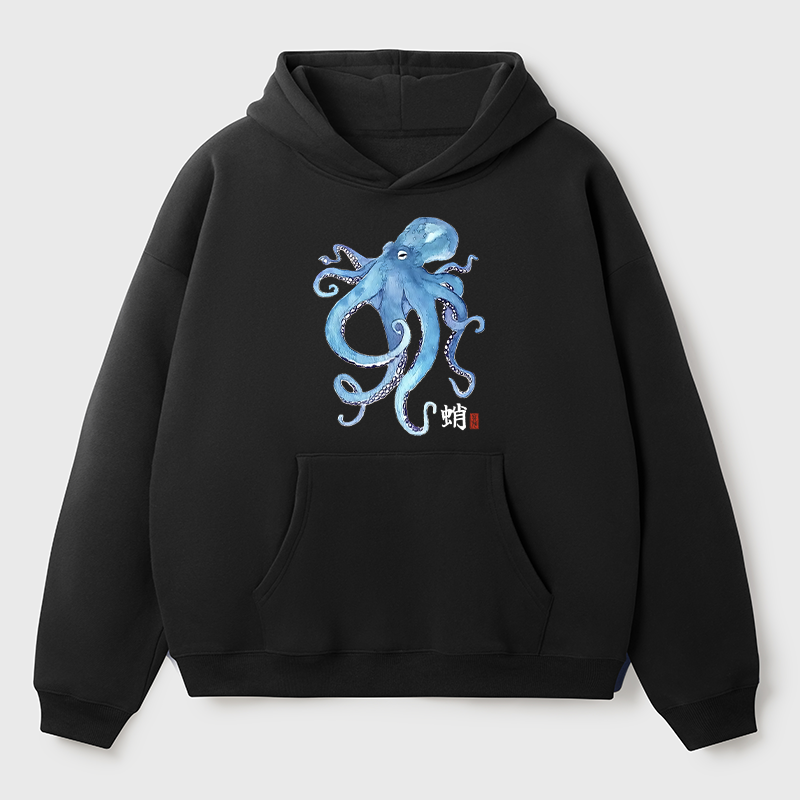 Tokyo-Tiger Watercolor Blue Octopus Adult Fleece Hoodie