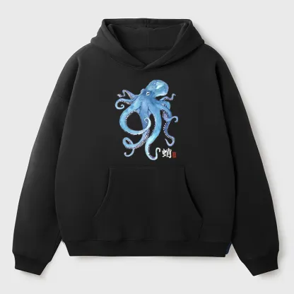 Tokyo-Tiger Watercolor Blue Octopus Adult Fleece Hoodie