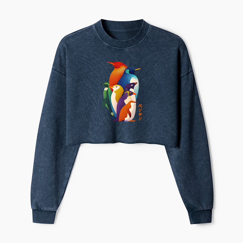 Tokyo-Tiger Cute Multi Tone Penguins Washed Crop Sweatshirt