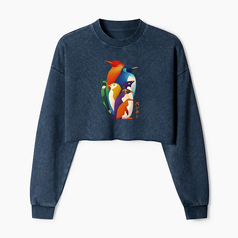 Tokyo-Tiger Cute Multi Tone Penguins Washed Crop Sweatshirt