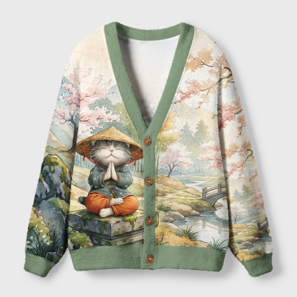 Tokyo-Tiger Zen Relax Cat Graphic Ugly Cardigan Sweater