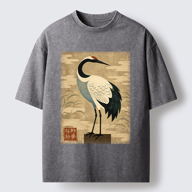 Tokyo-Tiger Elegant Japanese Crane Washed T-Shirt