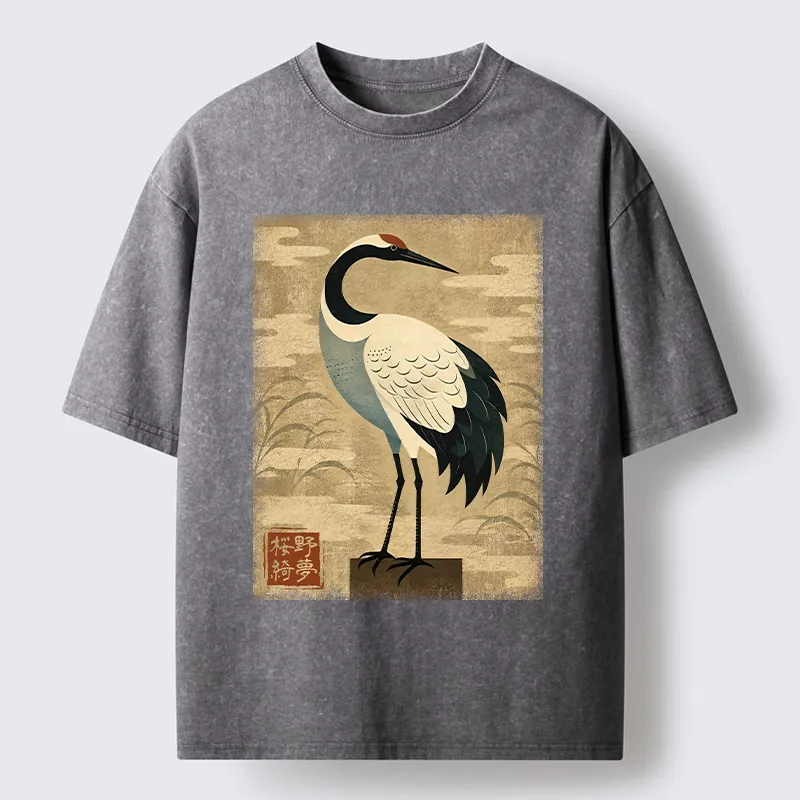 Tokyo-Tiger Elegant Japanese Crane Washed T-Shirt