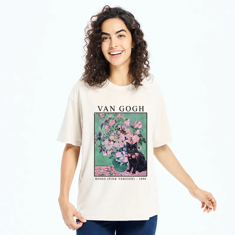 Tokyo‑Tiger Art Cat With Roses Washed T‑Shirt