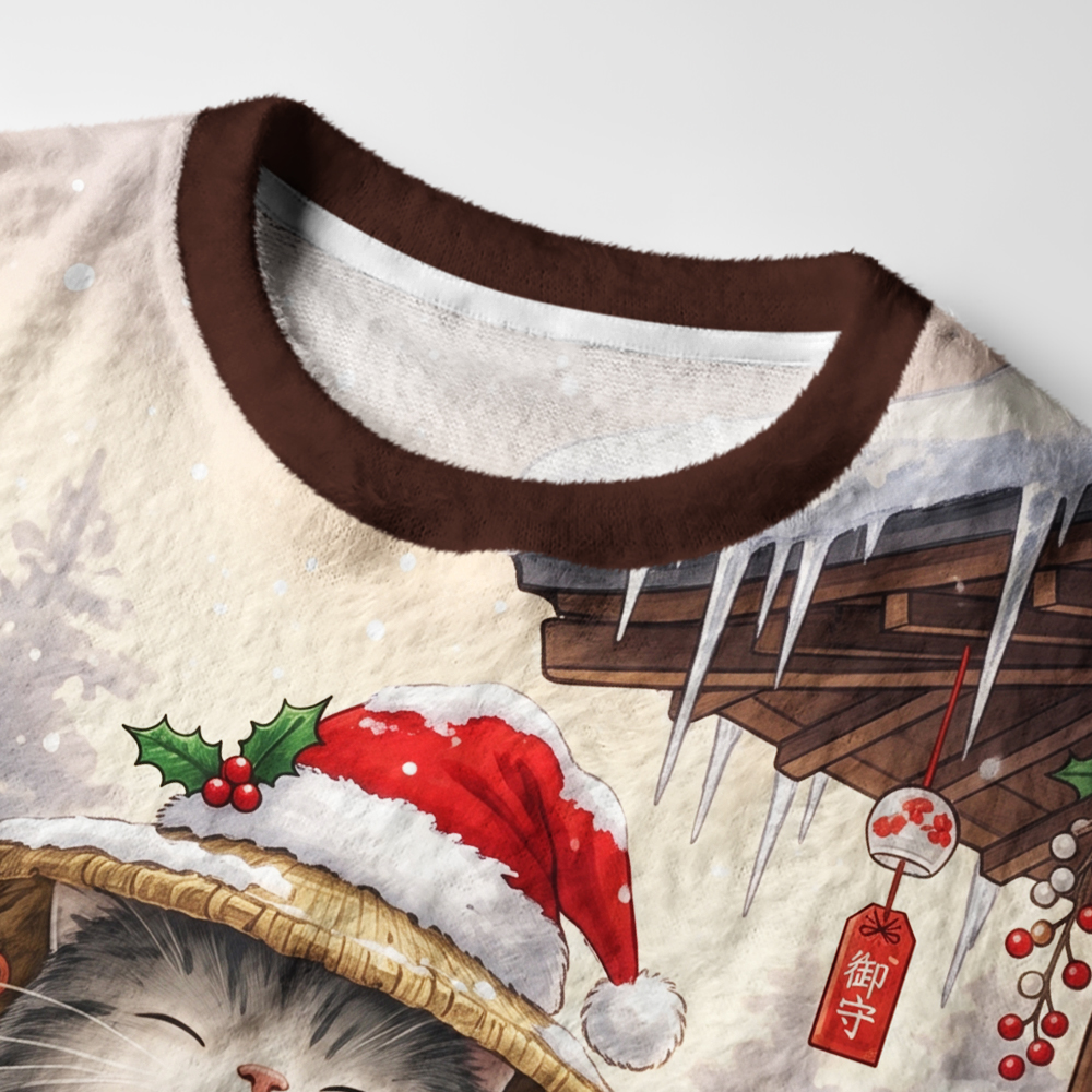 Tokyo-Tiger Zen Relax Cat Graphic Fuzzy Christmas Ugly Sweatshirt