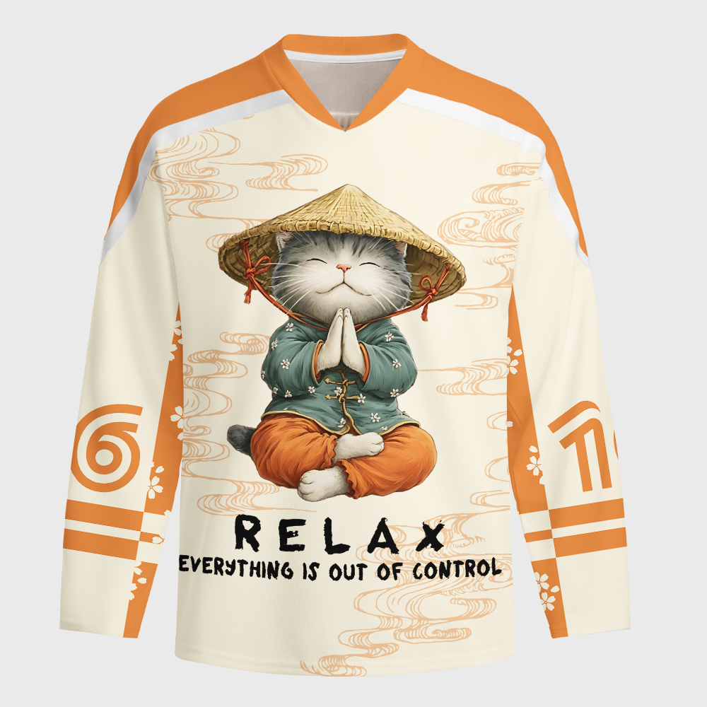 Tokyo-Tiger Zen Relax Cat Graphic Long-Sleeve Hockey Jersey