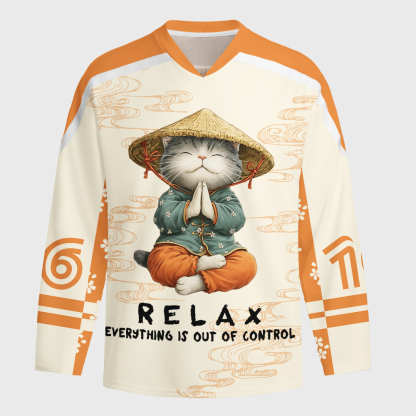 Tokyo-Tiger Zen Relax Cat Graphic Long-Sleeve Hockey Jersey