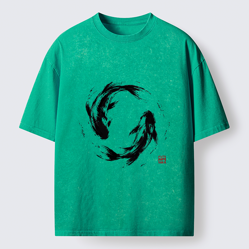 Tokyo-Tiger Ink Koi Fish Circle Washed T-Shirt