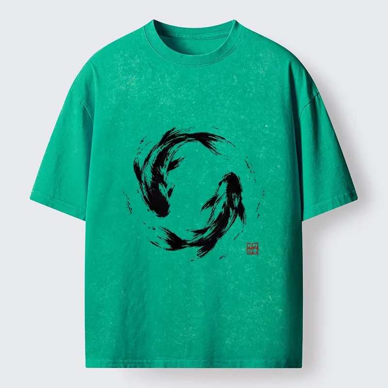 Tokyo-Tiger Ink Koi Fish Circle Washed T-Shirt