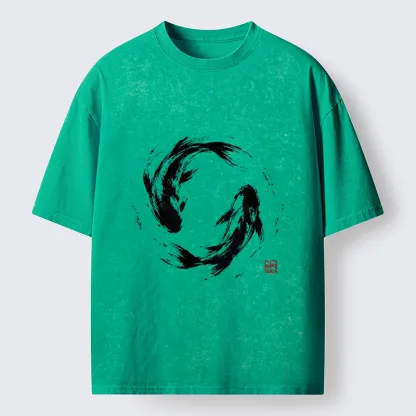 Tokyo-Tiger Ink Koi Fish Circle Washed T-Shirt