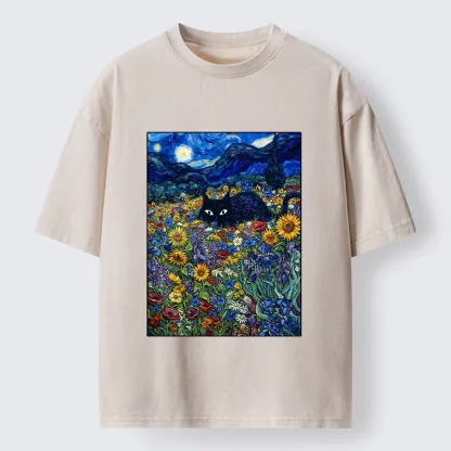 Tokyo‑Tiger Starry Night Cat Washed T‑Shirt