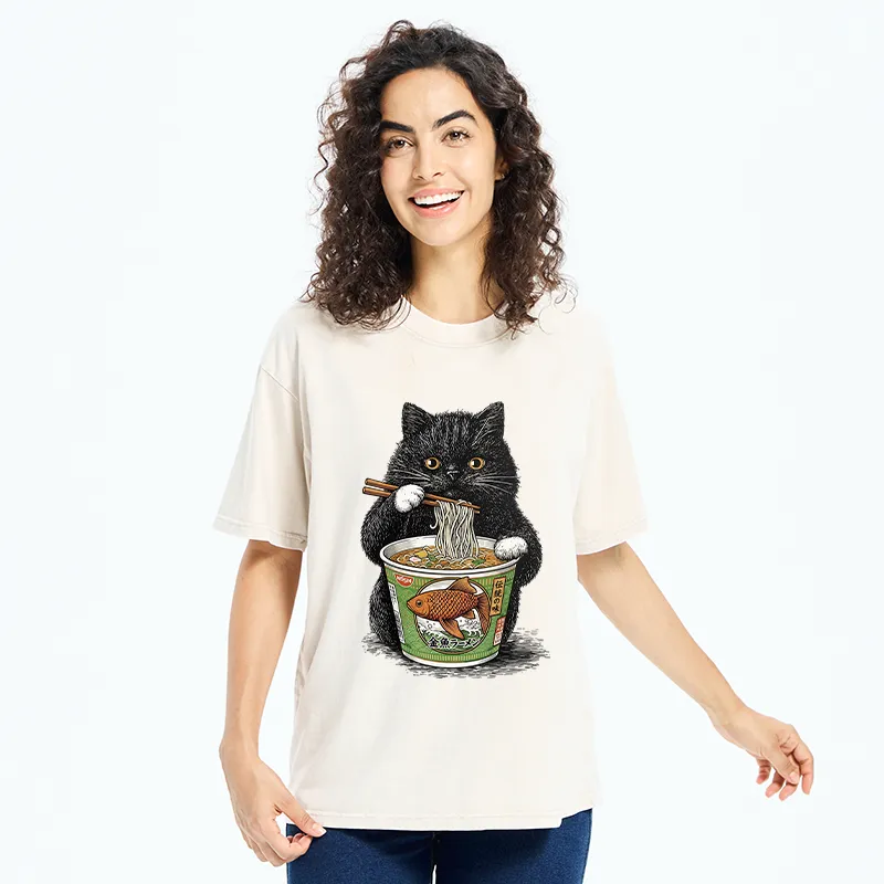 Tokyo-Tiger Black Cat Eating Japanese Food Washed T-Shirt