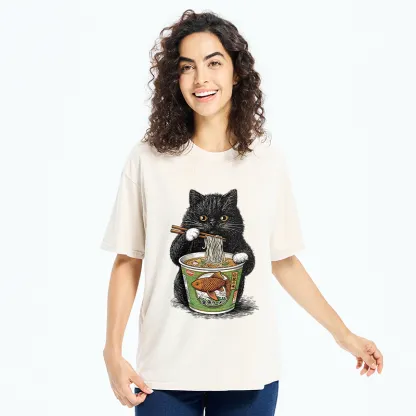 Tokyo-Tiger Black Cat Eating Japanese Food Washed T-Shirt