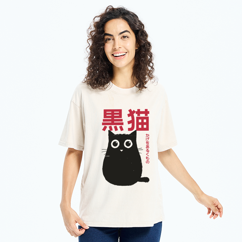Tokyo-Tiger Round Black Cat Washed T-Shirt