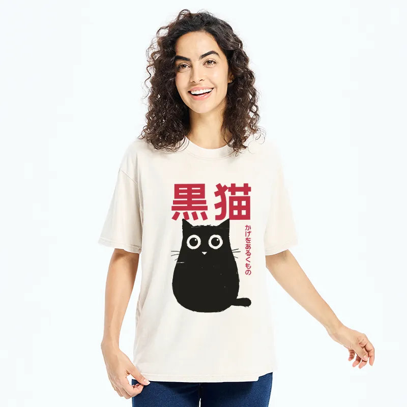 Tokyo-Tiger Round Black Cat Washed T-Shirt