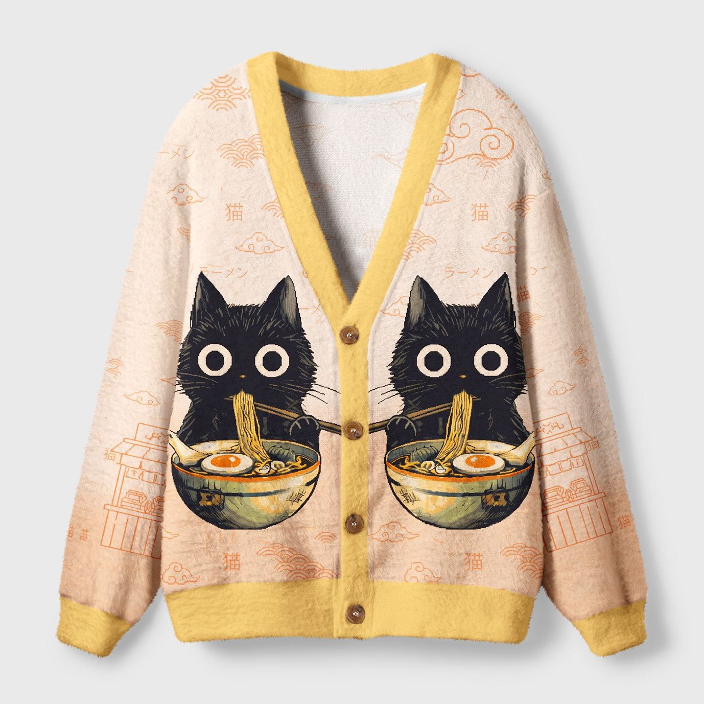 Tokyo-Tiger Funny Cat Ramen Feast Ugly Cardigan Sweater