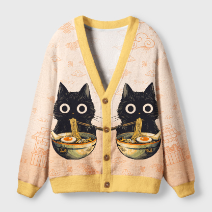 Tokyo-Tiger Funny Cat Ramen Feast Ugly Cardigan Sweater