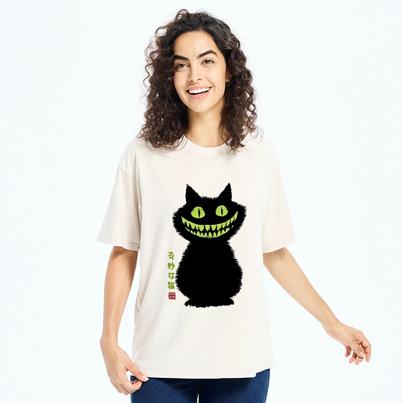 Tokyo-Tiger Spooky Black Cat With Green Teeth Washed T-Shirt