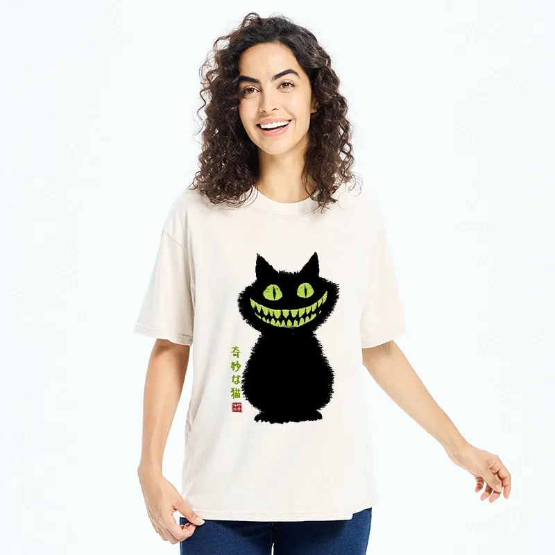 Tokyo-Tiger Spooky Black Cat With Green Teeth Washed T-Shirt